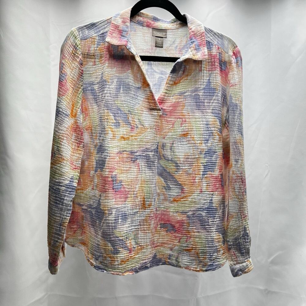 Chico’s Textured Blouse Water Color Abstract Popover Top Size 1 Lightweight